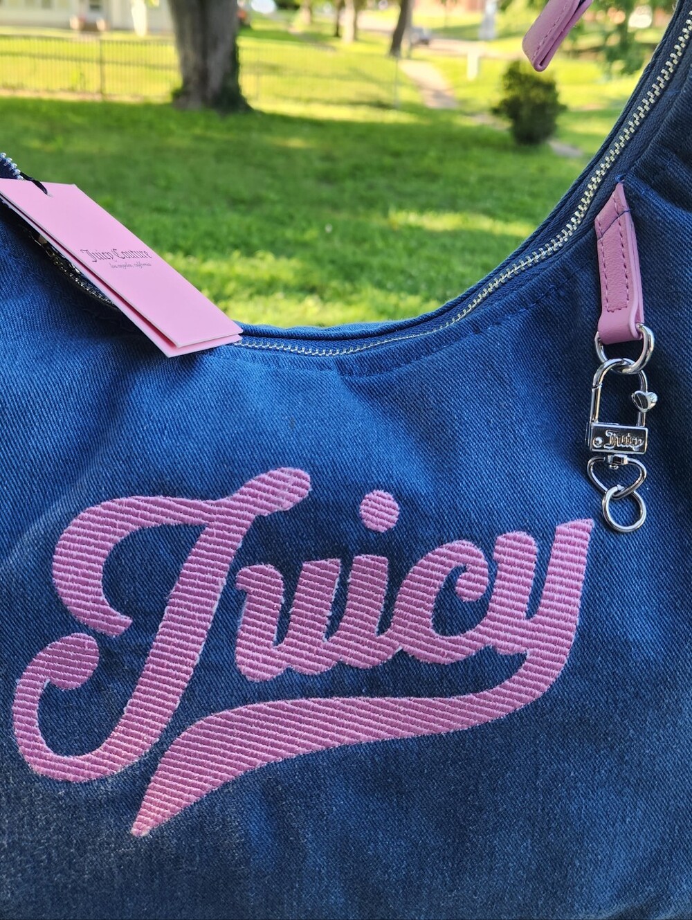 Juicy Couture Blue Jean Denim Shoulder Bag with Pink Logo NWT - Picture 3 of 9